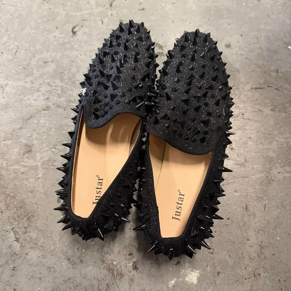 Justar Men’s Black studded loafers with spikes Red Bottoms Men’s Size 11